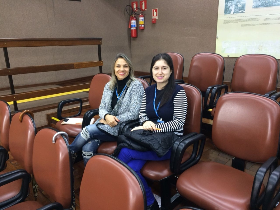 Imagem: Foto de parte do ambiente interno do plenário da Câmara de Vereadores. Ao centro da foto as assistentes sociais da Apadev sentadas uma ao lado da outra, sorrindo para a foto.