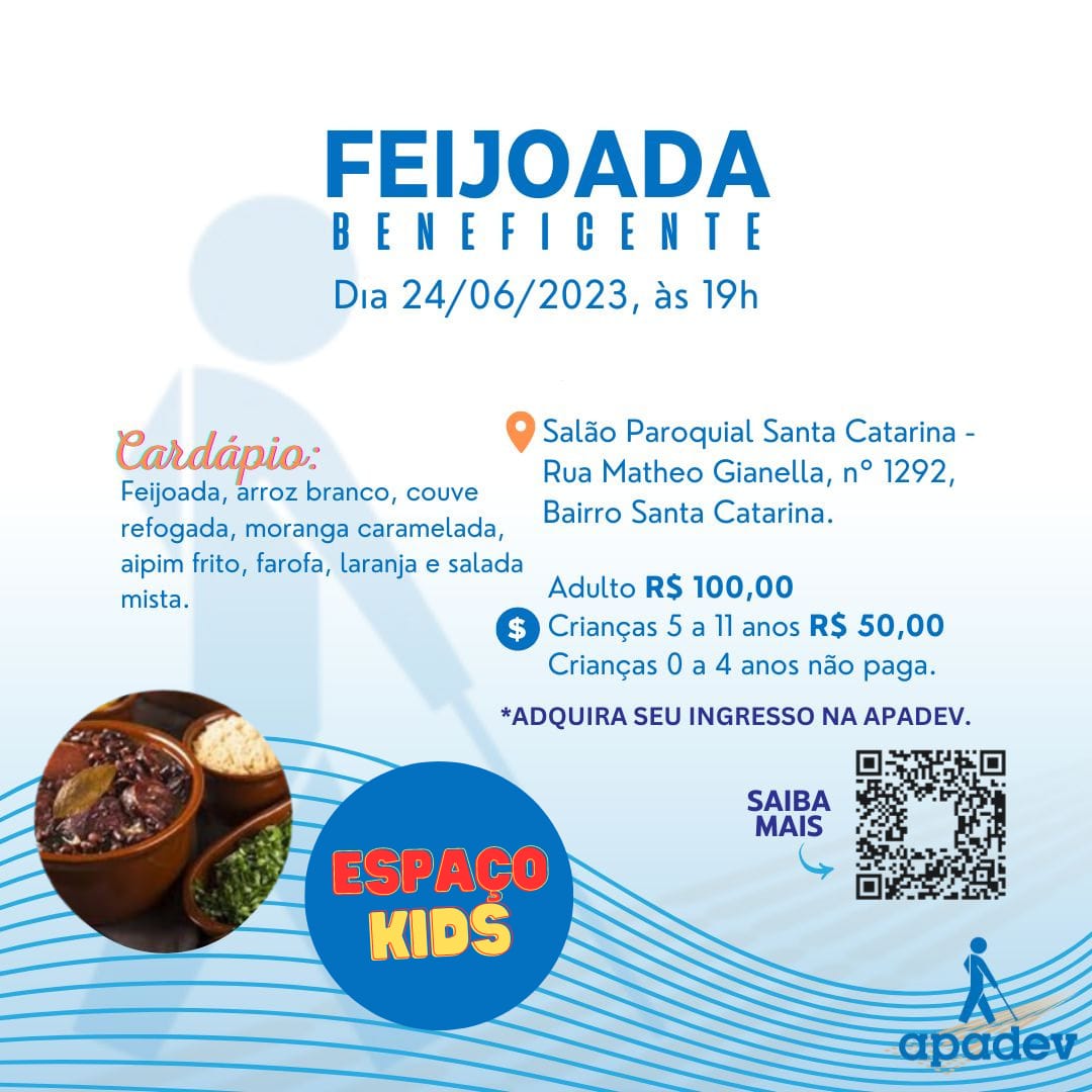 No dia 24 de junho de 2023 a Associação de Pais e Amigos dos Deficientes Visuais, Apadev, estará promovendo uma Feijoada Beneficente com o intuito de arrecadar recursos para a Instituição. Uma noite de muita música e diversão. Teremos um espaço preparado 